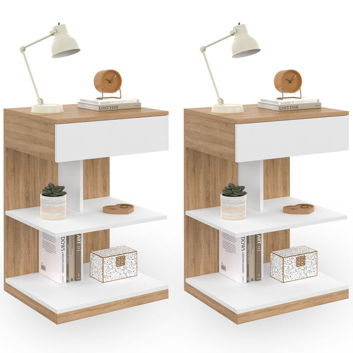 IDMarket - Set di 2 comodini TOMI, 1 cassetto e 2 ripiani, finitura faggio e bianco