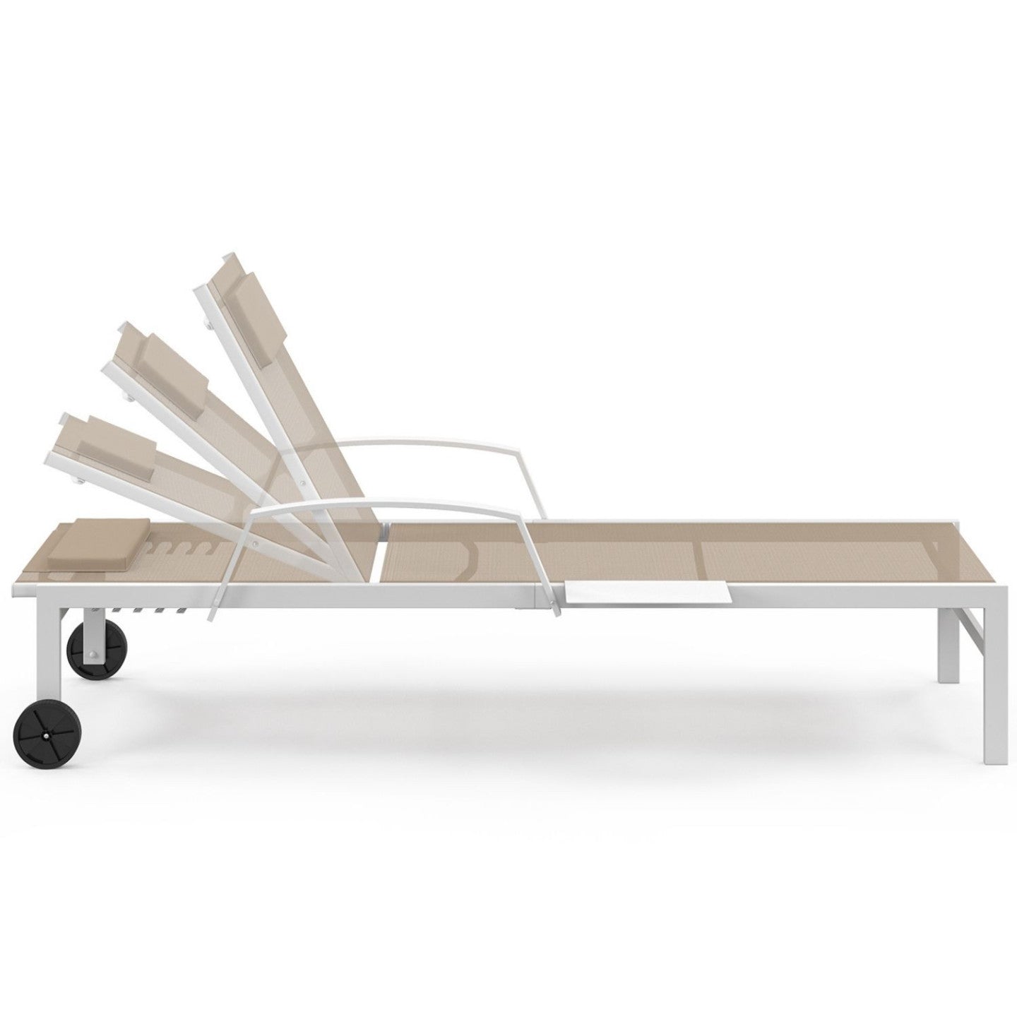 IDMarket - Set di 2 lettini da giardino reclinabili JAVA con ripiani in acciaio bianco e tessuto beige