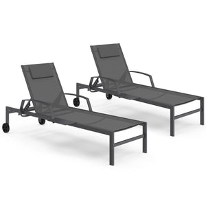 IDMarket - Set di 2 lettini da giardino reclinabili JAVA con ripiani in acciaio grigio e tessuto grigio
