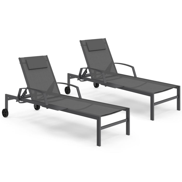 IDMarket - Set di 2 lettini da giardino reclinabili JAVA con ripiani in acciaio grigio e tessuto grigio