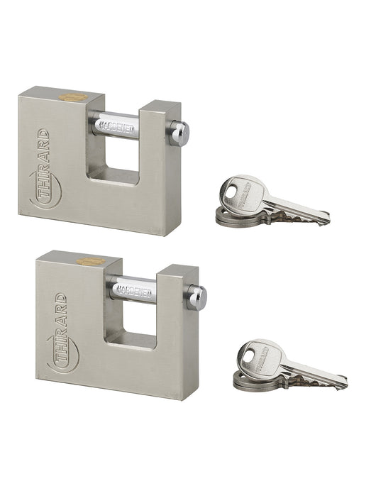 Set due lucchetti Land in acciaio, rettangolari 70mm, stessa chiave, 6 chiavi - THIRARD