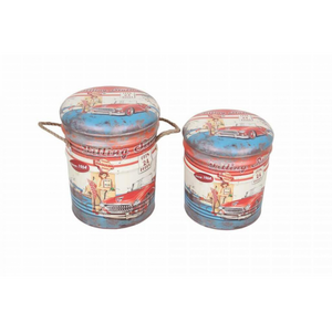 SET DI 2 POUF CONTENITORE TONDO AZZURRO/BIANCO