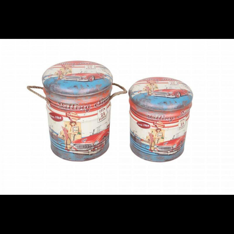 SET DI 2 POUF CONTENITORE TONDO AZZURRO/BIANCO