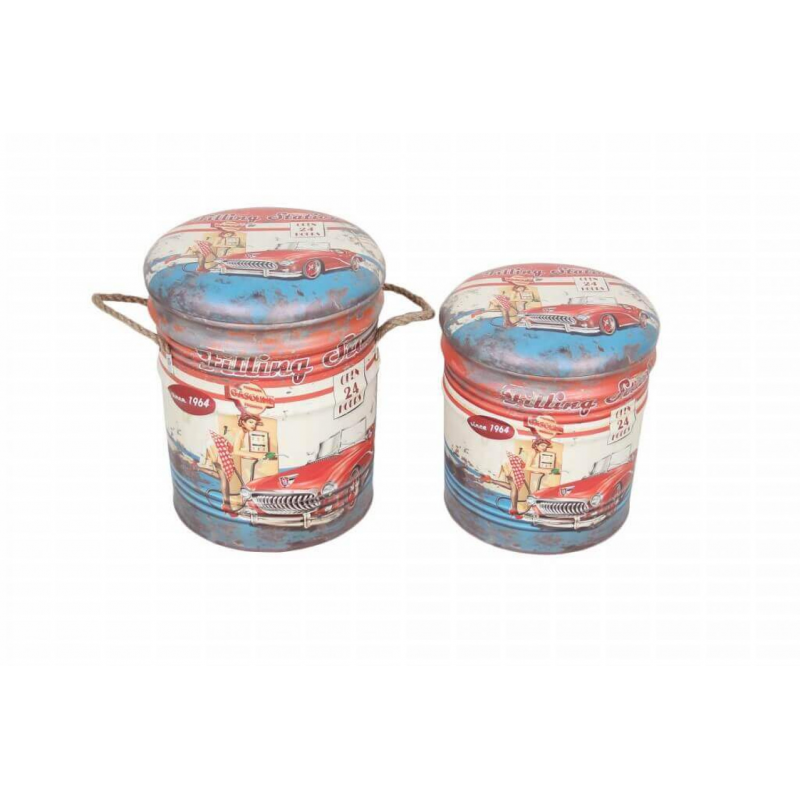 SET DI 2 POUF CONTENITORE TONDO AZZURRO/BIANCO