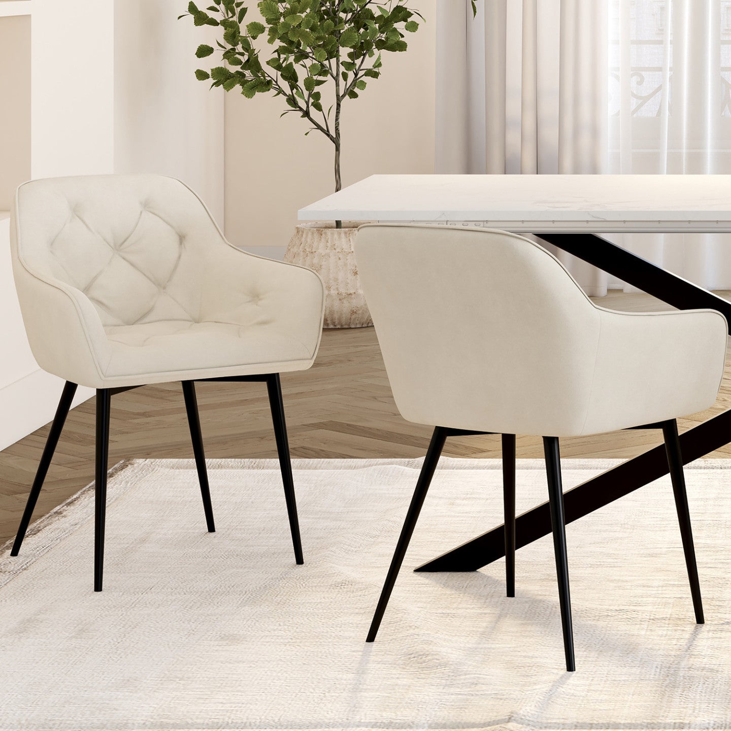 IDMarket - Set di 2 sedie da pranzo e poltrone da tavolo in velluto beige LYA