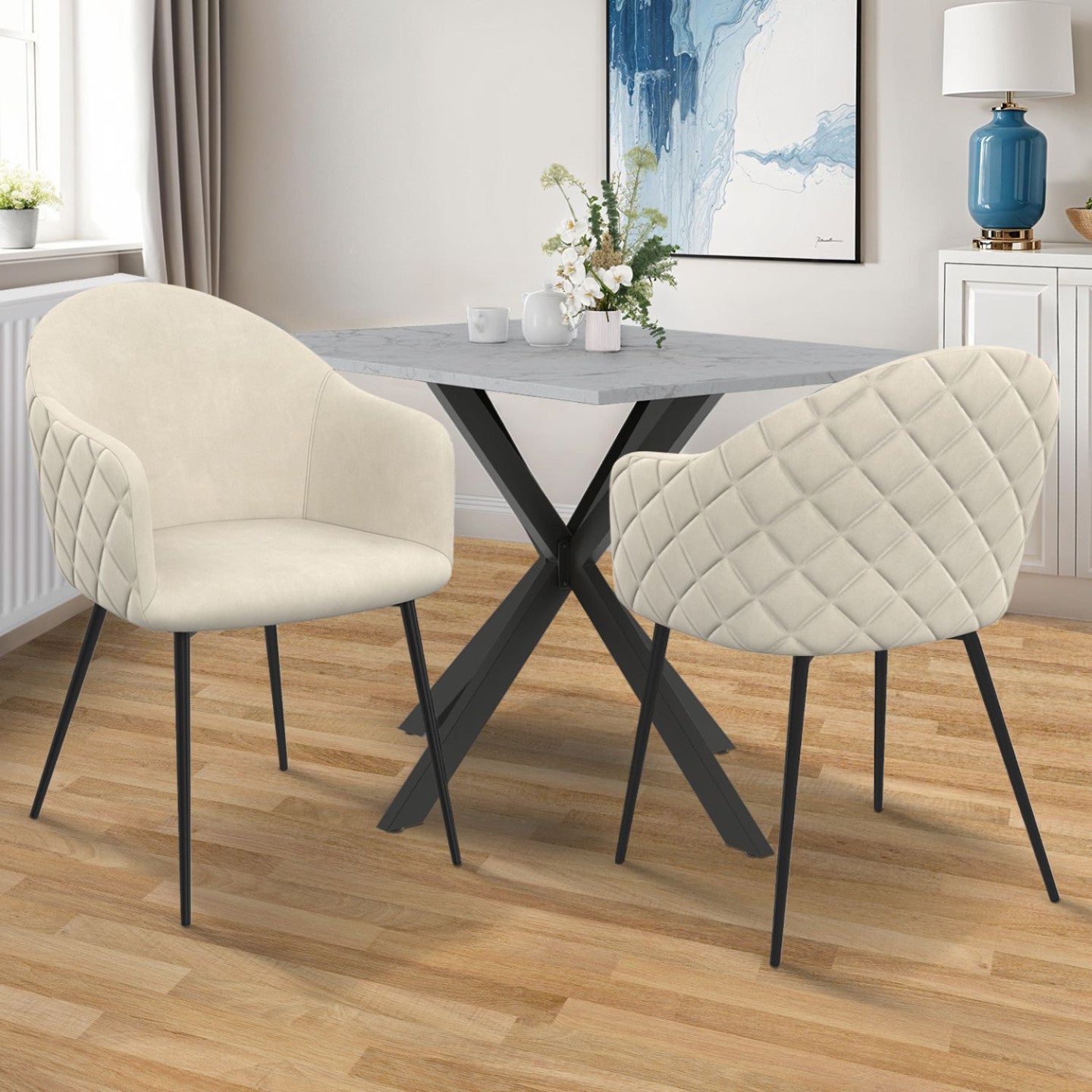 IDMarket - Set di 2 sedie da pranzo e poltrone da tavolo MOLY in velluto goffrato beige