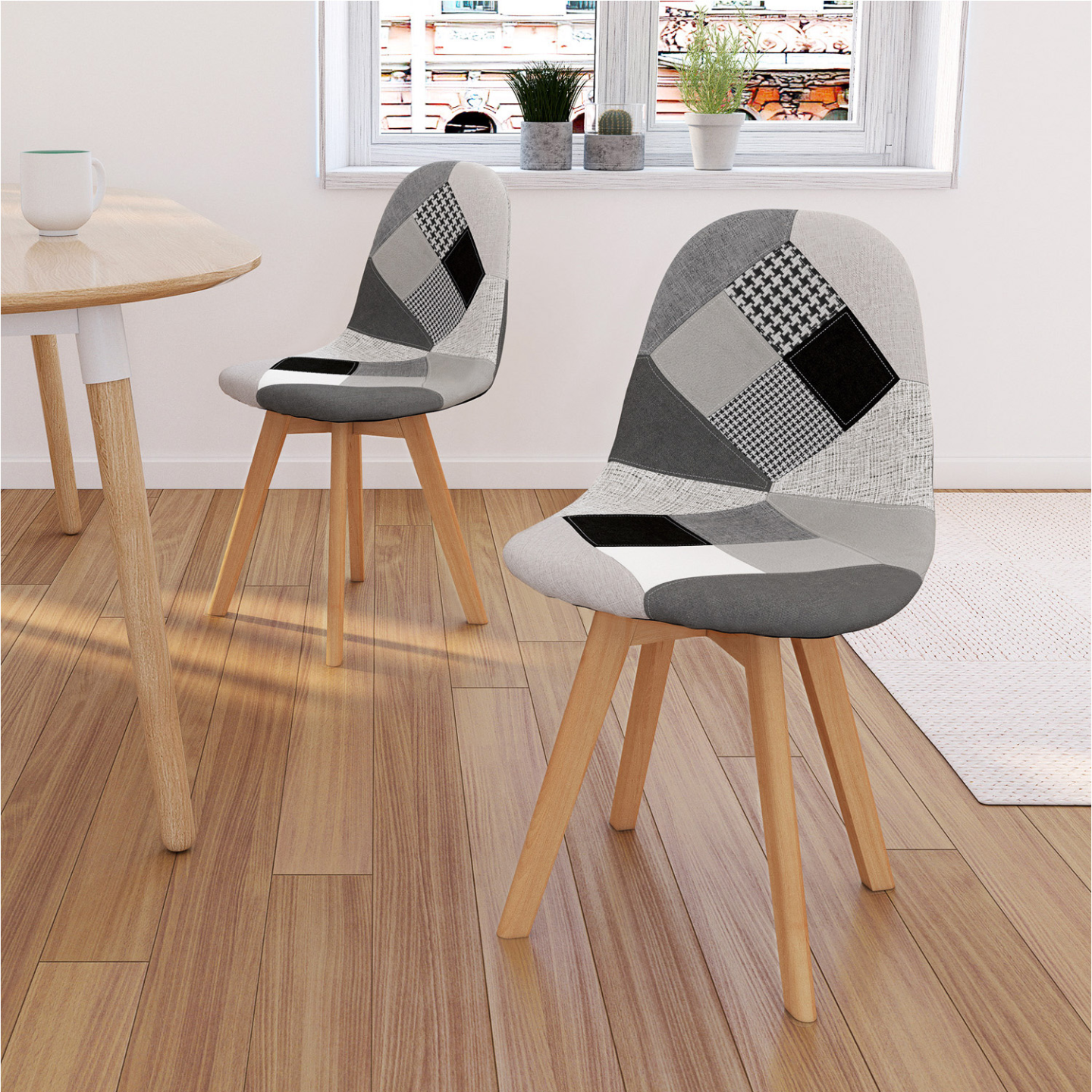IDMarket - Set di 2 sedie da pranzo scandinavo con motivo patchwork nero, grigio y bianco SARA