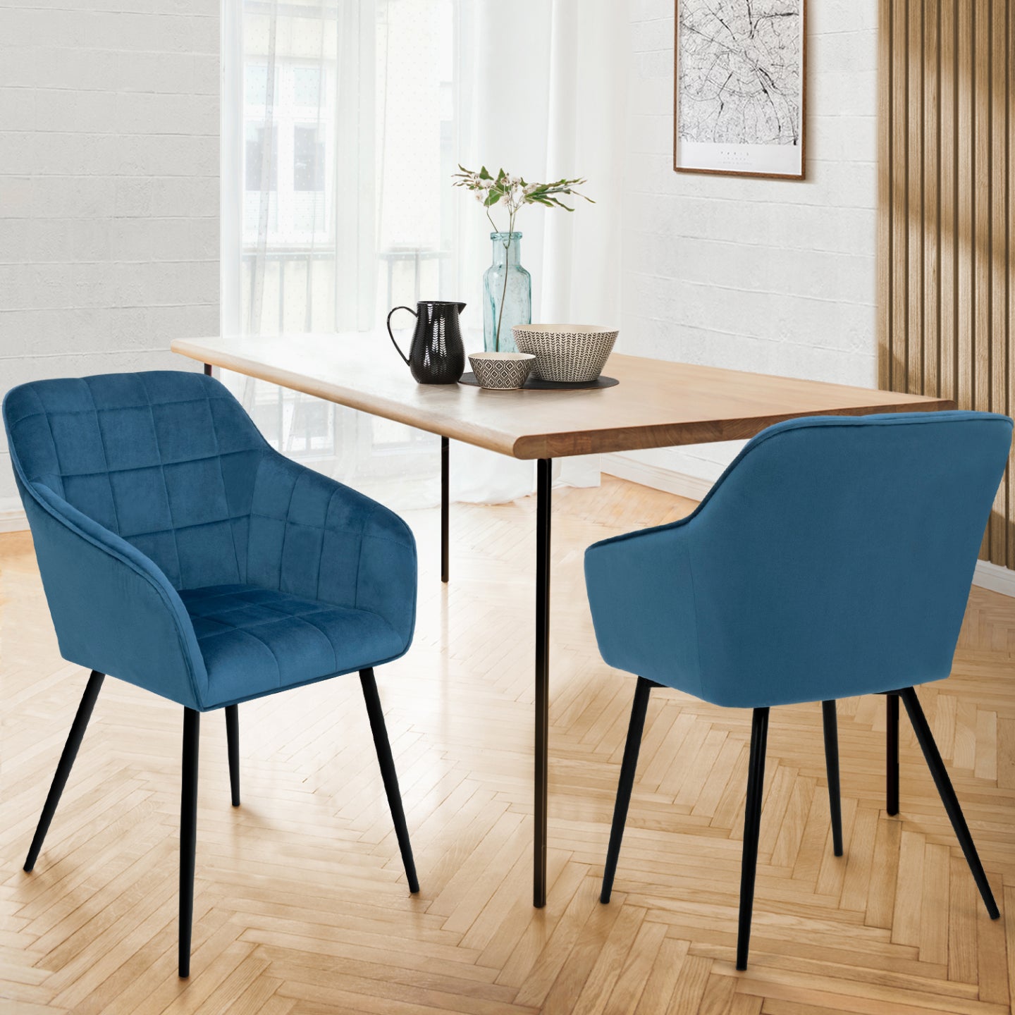 IDMarket - Set di 2 sedie in velluto blu con braccioli MADY