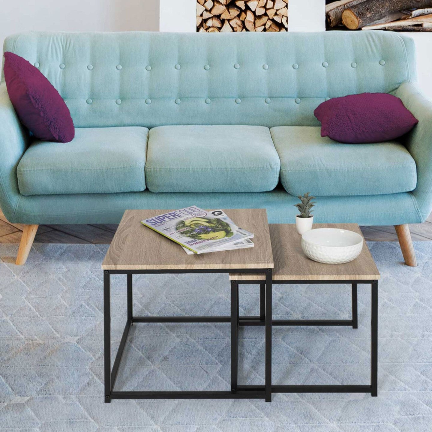 IDMarket - Set di 2 tavolini bassi impilabili DETROIT 40/45 dal design industriale