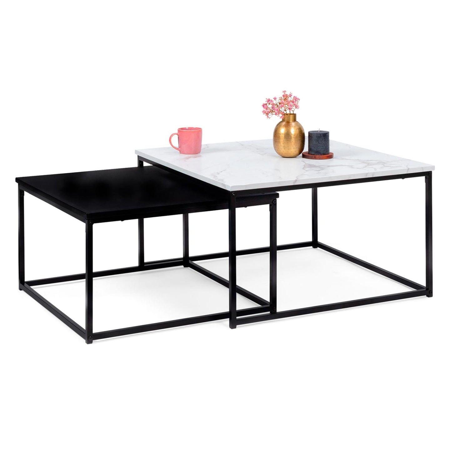 IDMarket - Set di 2 tavolini quadrati ALASKA 60/70 effetto marmo e nero con gambe in metallo