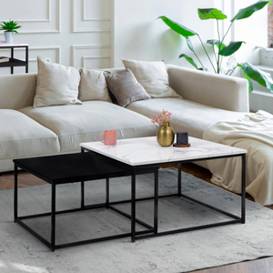 IDMarket - Set di 2 tavolini quadrati ALASKA 60/70 effetto marmo e nero con gambe in metallo