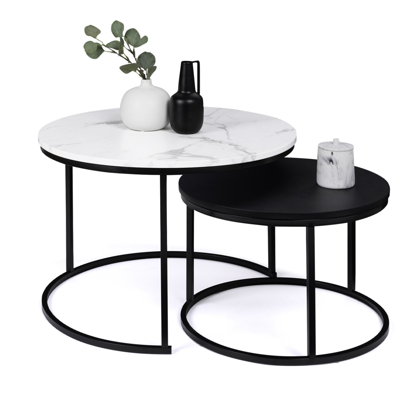 IDMarket - Set di 2 tavolini rotondi ALASKA 54/70, effetto marmo e nero, gambe in metallo