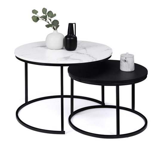 IDMarket - Set di 2 tavolini rotondi ALASKA 54/70, effetto marmo e nero, gambe in metallo