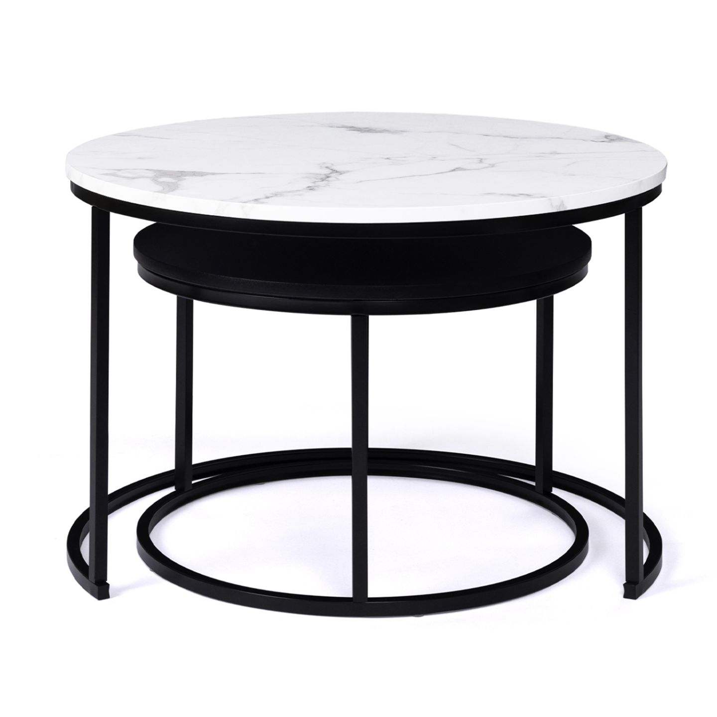 IDMarket - Set di 2 tavolini rotondi ALASKA 54/70, effetto marmo e nero, gambe in metallo