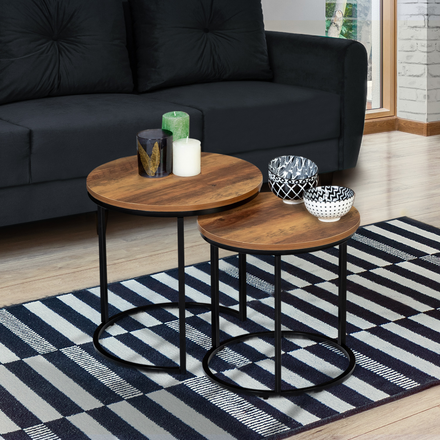 IDMarket - Set di 2 tavolini rotondi DAYTON 40/45 effetto invecchiato design industriale