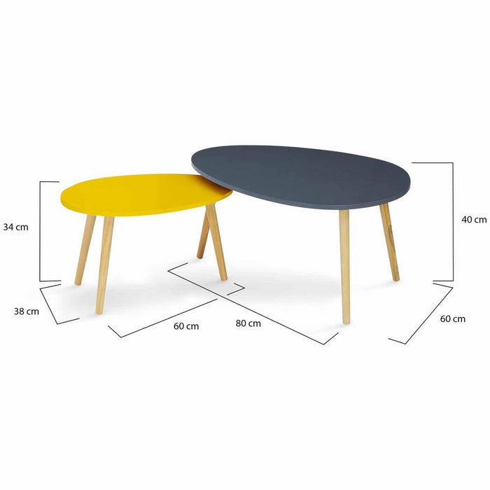 IDMarket - Set di 2 tavolini scandinavi GAIA laccati grigi e gialli