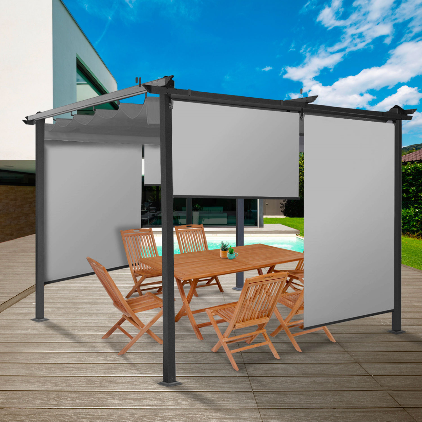 IDMarket - Set di 2 tende a rullo L.124 x H. 225 CM per pergola grigio chiaro