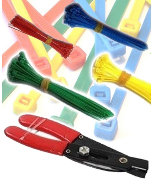 Set Di 200 Fascette Colorate Stringi Filo Ferma Cavo Con Pinza Cutter Tranciacavi Stripper         