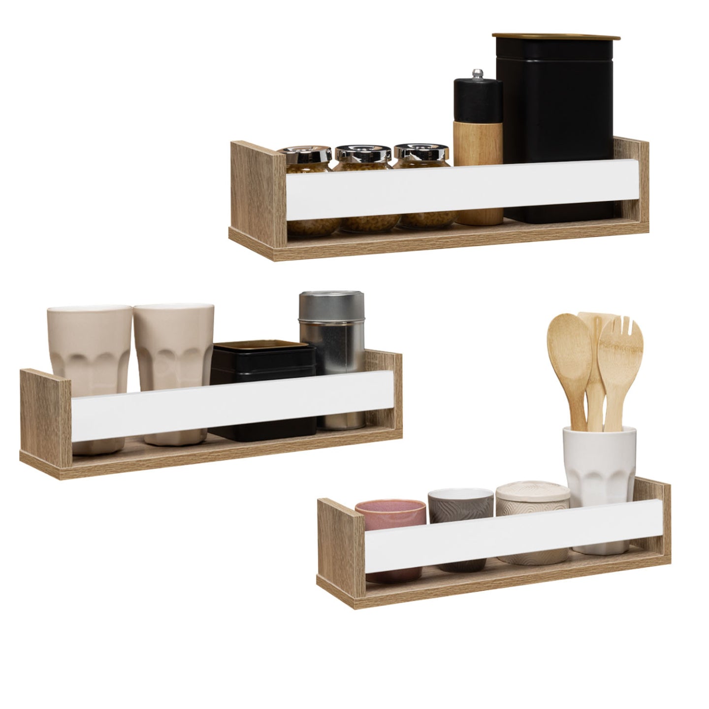 IDMarket - Set di 3 portaspezie da parete JULES in faggio e bianco