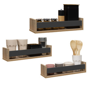 IDMarket - Set di 3 portaspezie da parete JULES in faggio e nero