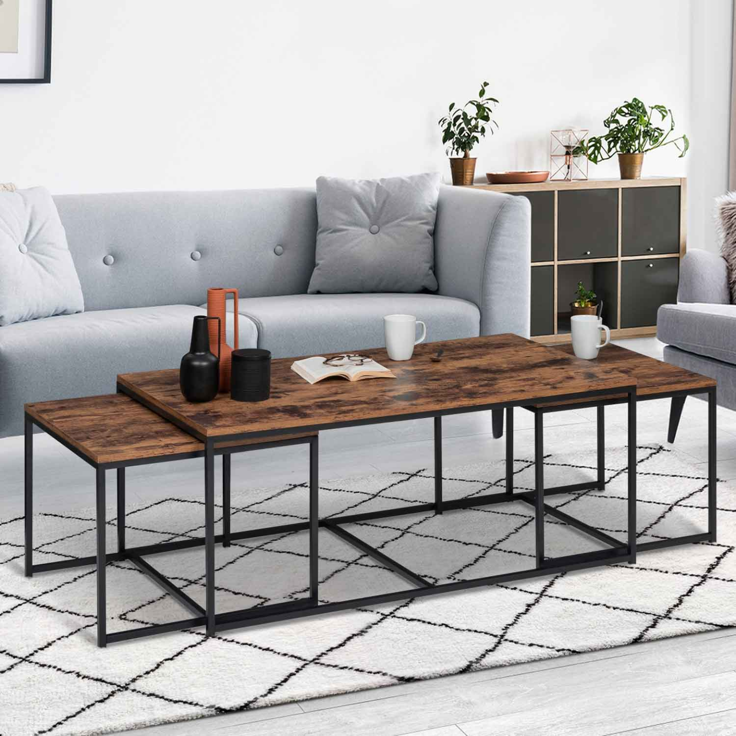 IDMarket - Set di 3 tavolini bassi 113 cm effetto invecchiato con design industriale DETROIT