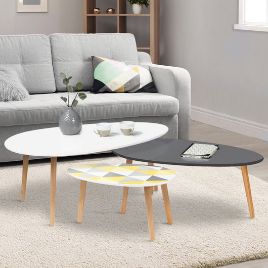 IDMarket - Set di 3 tavolini da salotto GIGI, laccati bianco/grigio/grafici