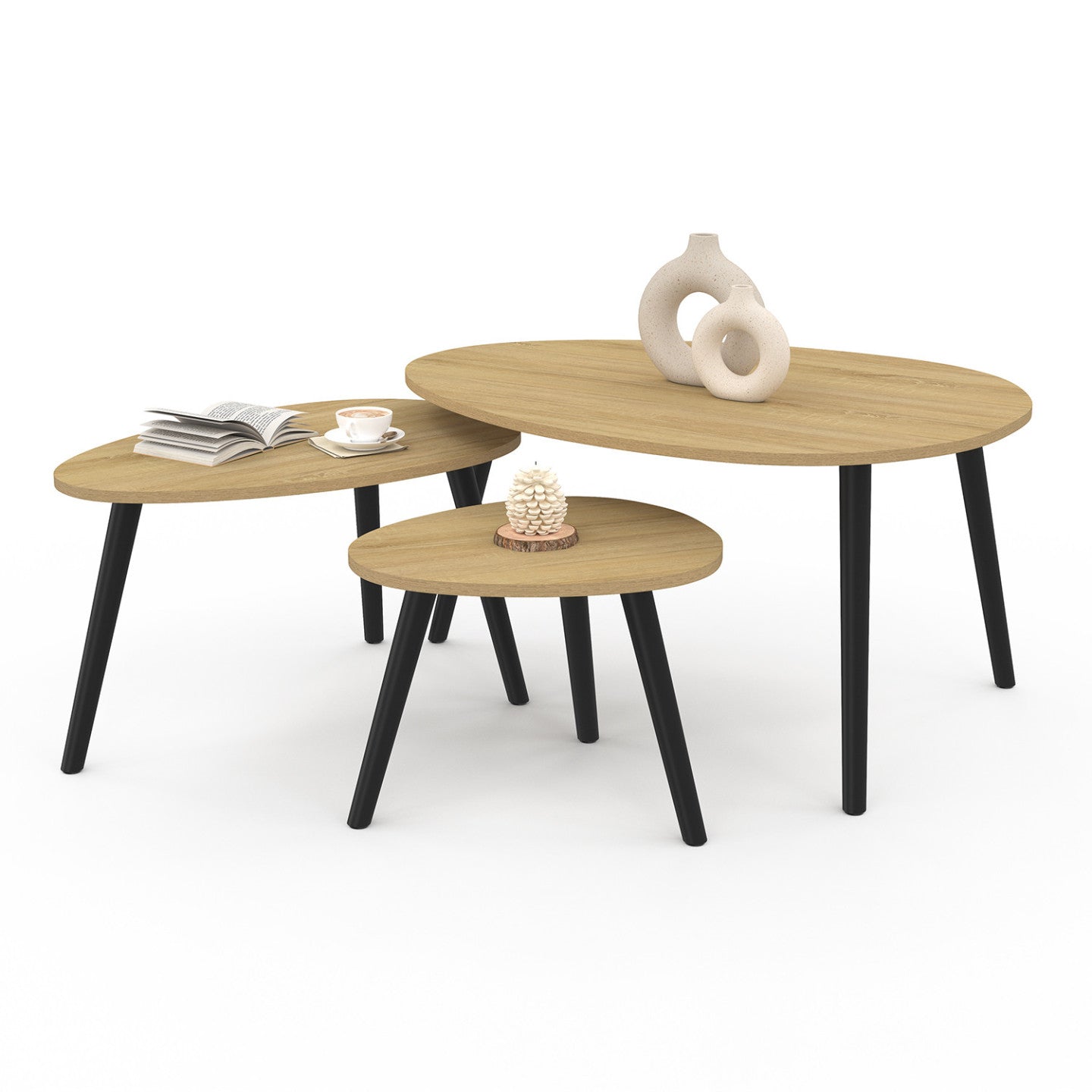 IDMarket - Set di 3 tavolini nidificanti GAIA in legno scandinavo e gambe nere