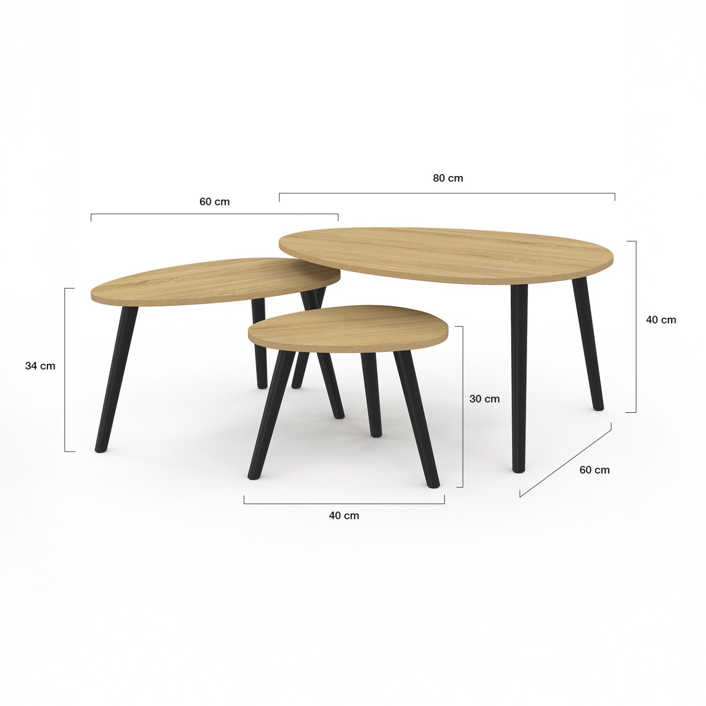 IDMarket - Set di 3 tavolini nidificanti GAIA in legno scandinavo e gambe nere