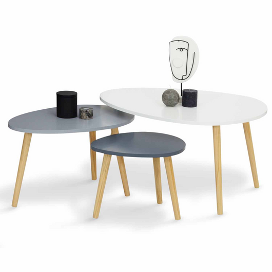 IDMarket - Set di 3 tavolini nidificanti GAIA laccati bianchi e grigi in stile scandinavo