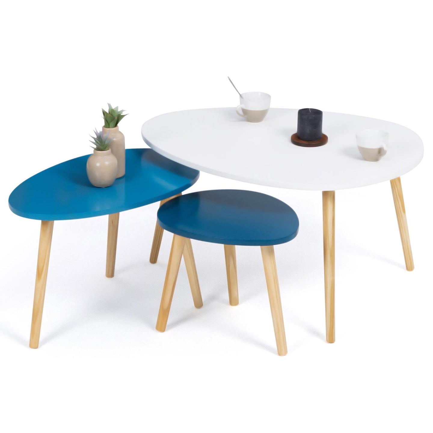 IDMarket - Set di 3 tavolini nidificanti GAIA laccati in bianco e blu in stile scandinavo