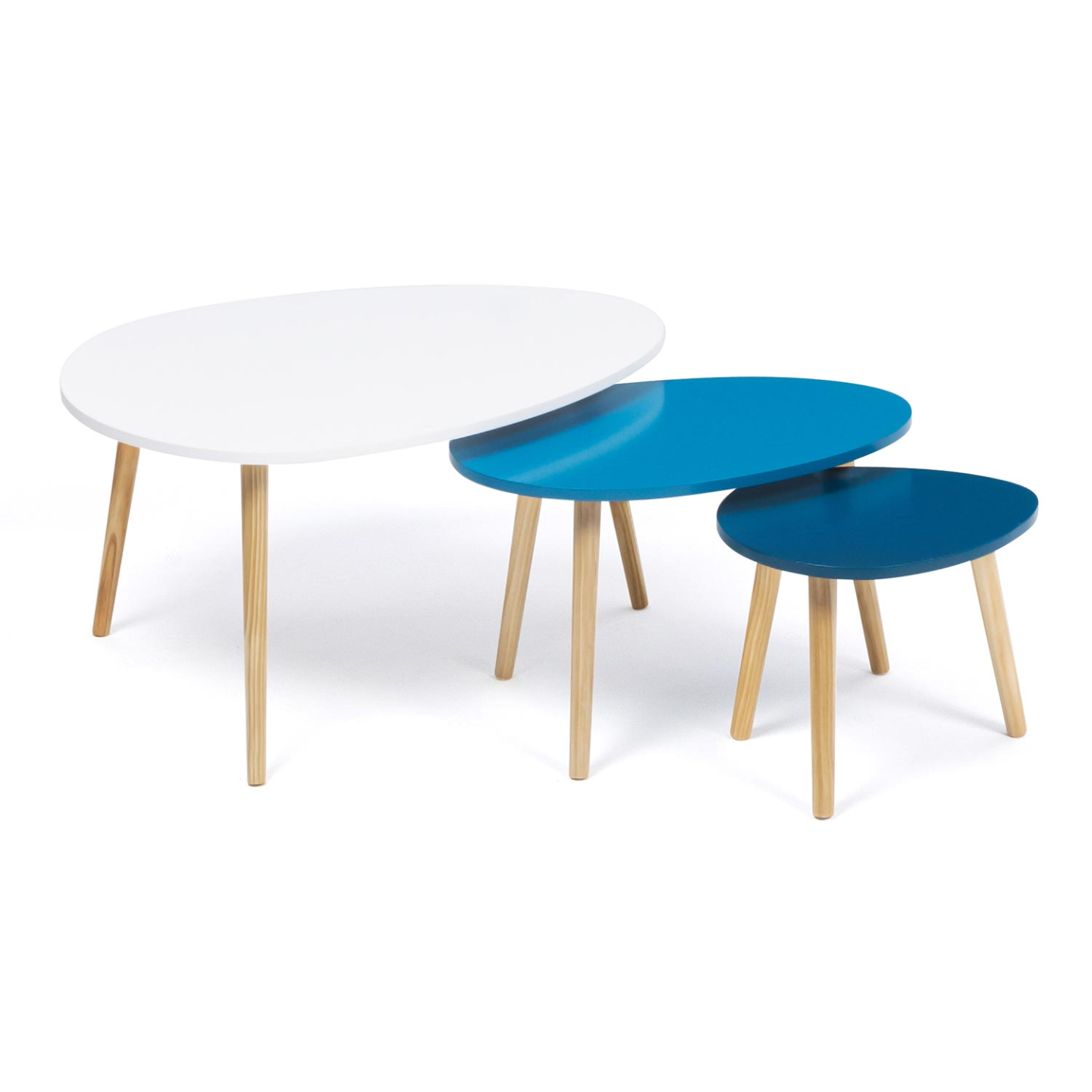 IDMarket - Set di 3 tavolini nidificanti GAIA laccati in bianco e blu in stile scandinavo