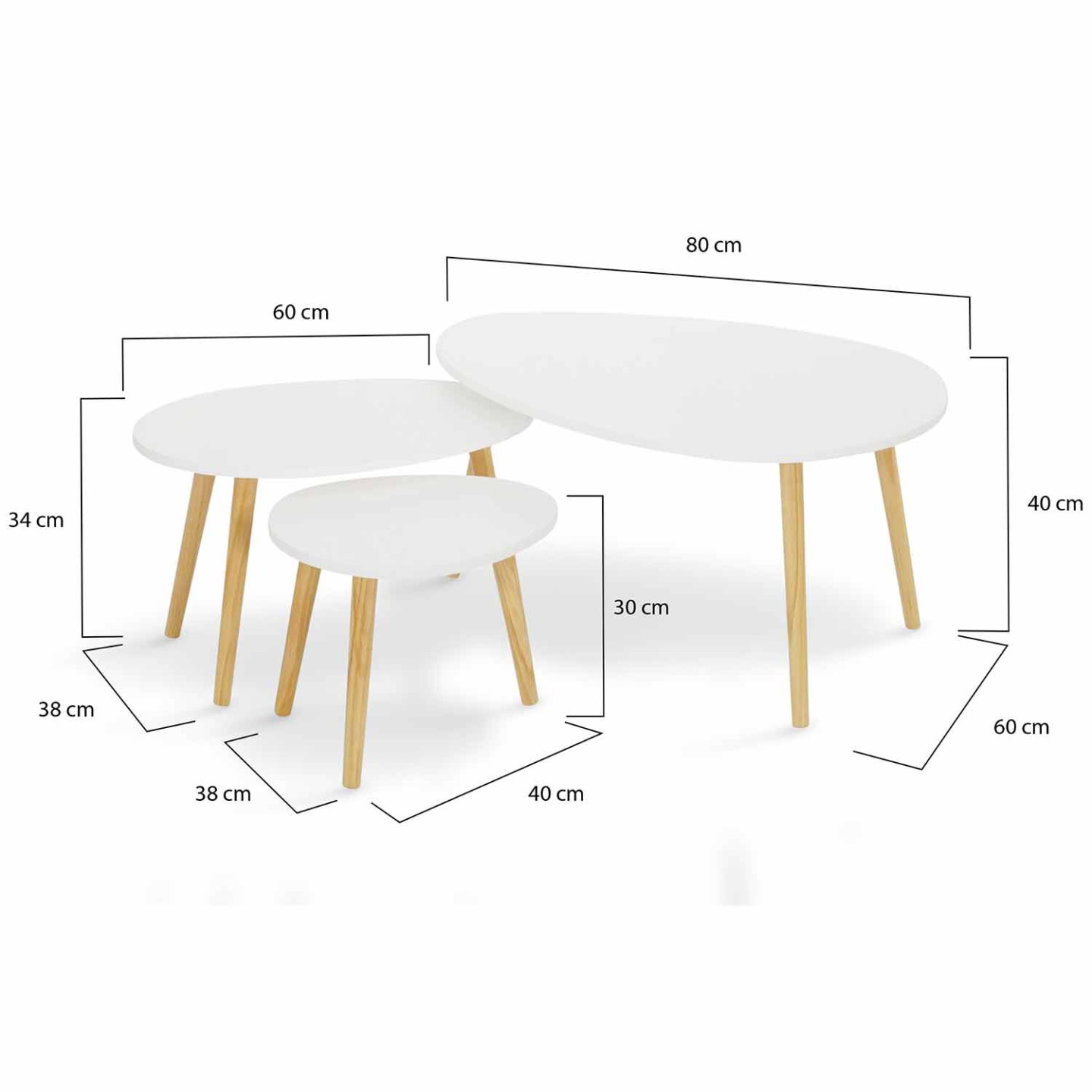 IDMarket - Set di 3 tavolini nidificanti GAIA laccato bianco scandinavo