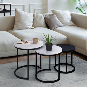 IDMarket - Set di 3 tavolini rotondi 35/40/45 effetto marmo e legno nero, base in metallo ALASKA