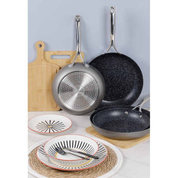 Set di 4 confezioni 2 Padelle 24/28 Silver Steel Manico Acciaio Int marmorizzato Nero
