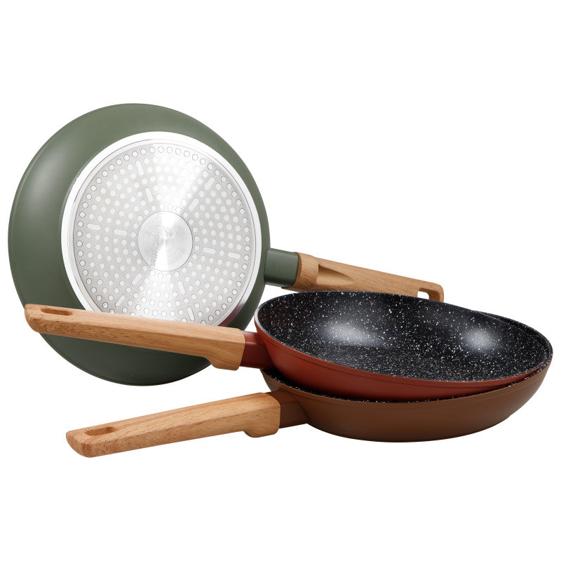 Set di 4 confezioni 2 Padelle 24/28 Warm Green Fdo Induzione Manico Soft Effetto Legno