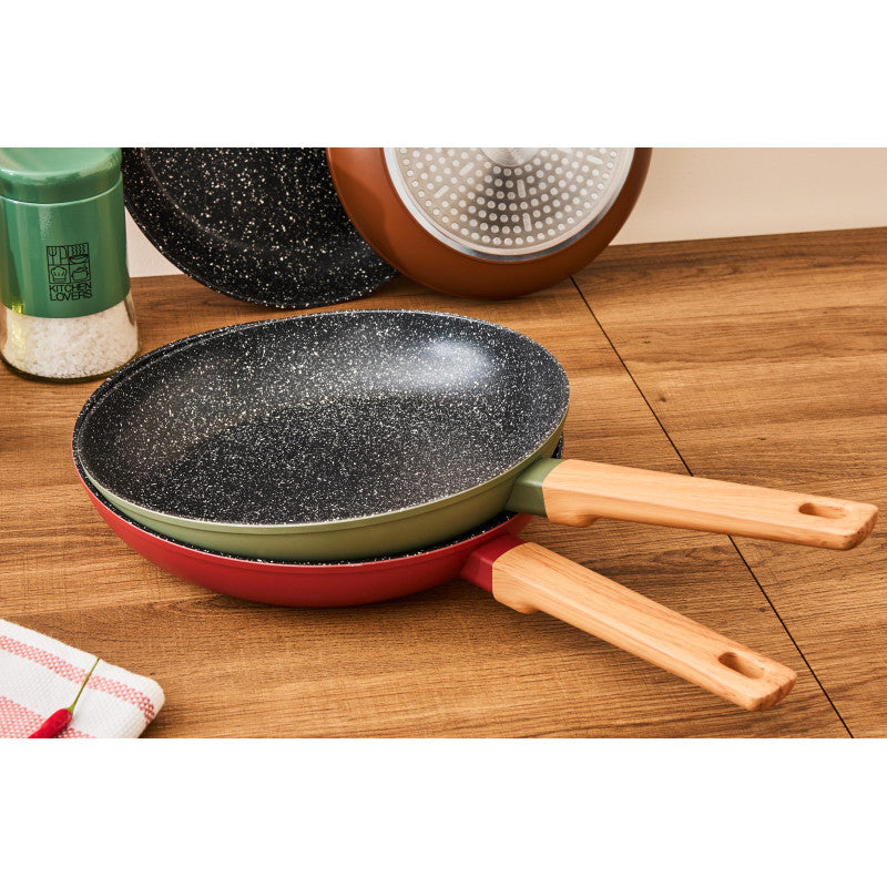 Set di 4 confezioni 2 Padelle 24/28 Warm Green Fdo Induzione Manico Soft Effetto Legno