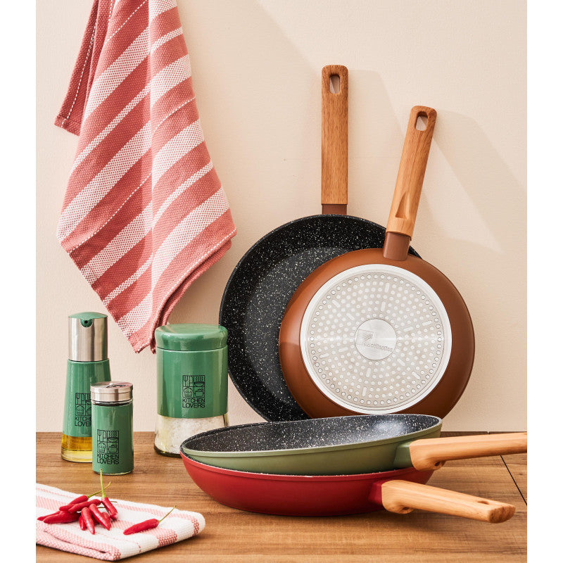 Set di 4 confezioni 2 Padelle 24/28 Warm Red Fondo Induzione Manico Soft Effetto Legno