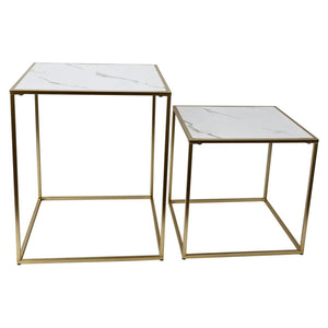 Set di 4 confezioni 2 Tavolini Quadrati Messina Bianco Marmo E Oro