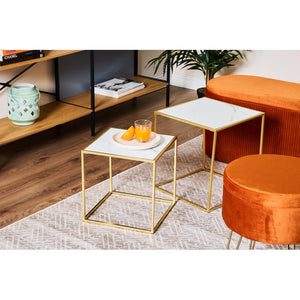 Set di 4 confezioni 2 Tavolini Quadrati Messina Bianco Marmo E Oro