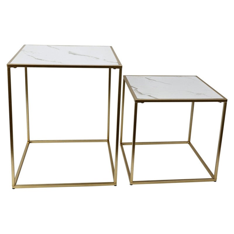 Set di 4 confezioni 2 Tavolini Quadrati Messina Bianco Marmo E Oro