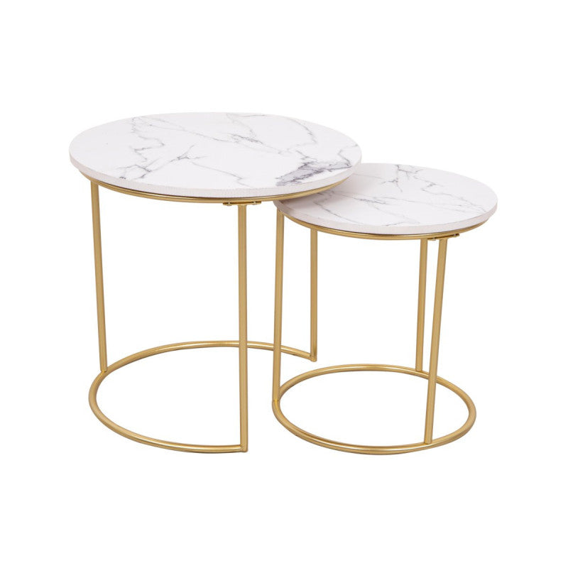 Set di 4 confezioni 2 Tavolini Tondi Rome Bianco Effetto Marmo/oro