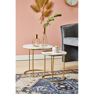 Set di 4 confezioni 2 Tavolini Tondi Rome Bianco Effetto Marmo/oro