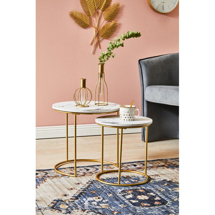 Set di 4 confezioni 2 Tavolini Tondi Rome Bianco Effetto Marmo/oro