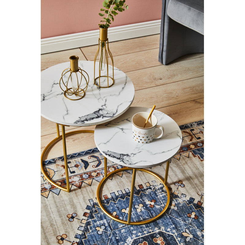 Set di 4 confezioni 2 Tavolini Tondi Rome Bianco Effetto Marmo/oro