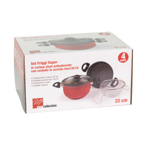 Set di 4 confezioni 4 Pezzi Friggi & Vapo Ø 22 Cm Carbon Steel Grigio/rosso