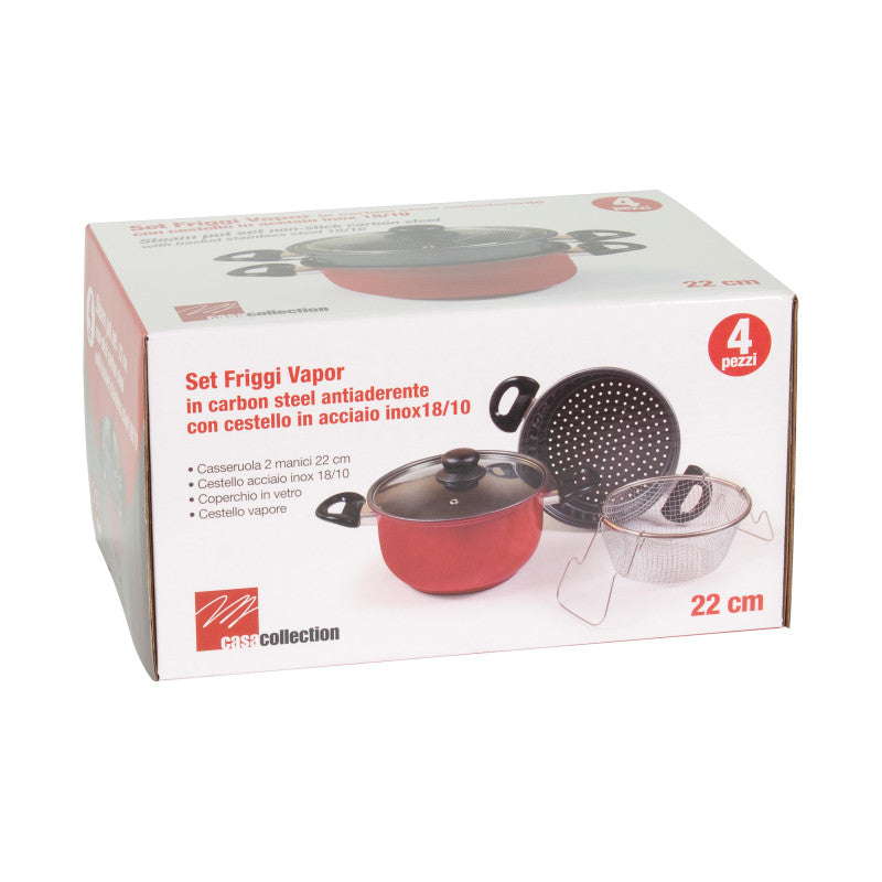 Set di 4 confezioni 4 Pezzi Friggi & Vapo Ø 22 Cm Carbon Steel Grigio/rosso