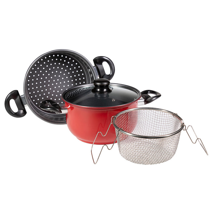 Set di 4 confezioni 4 Pezzi Friggi & Vapo Ø 22 Cm Carbon Steel Grigio/rosso