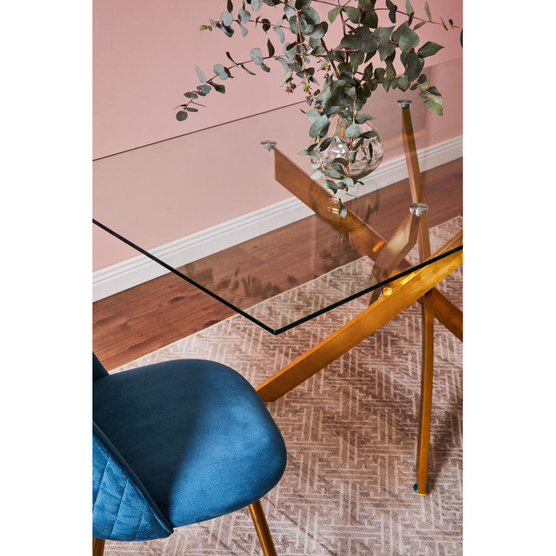 Set di 4 Sedie Claire In Velluto Blu E Gambe Oro