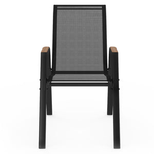 IDMarket - Set di 4 sedie da giardino impilabili NOUMEA in metallo e textilene, nero e legno