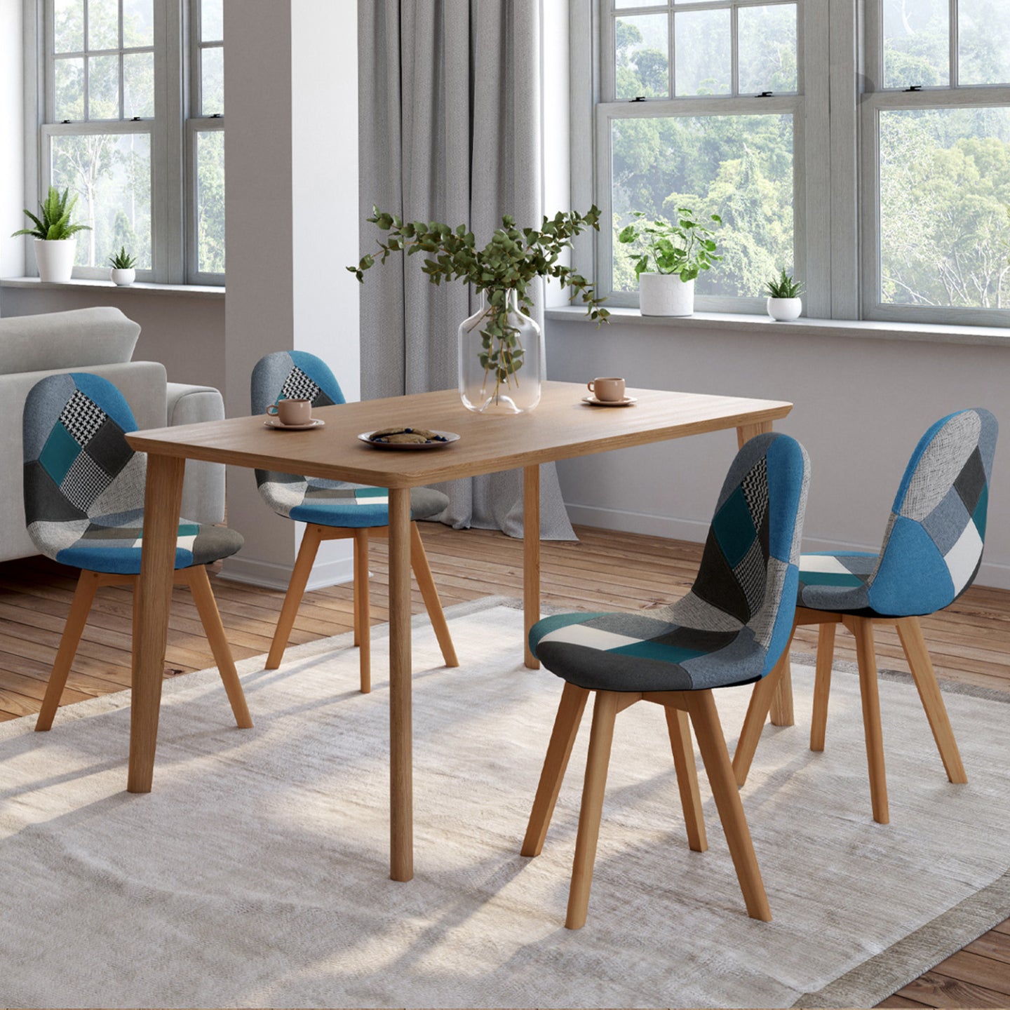 IDMarket - Set di 4 sedie da pranzo scandinavo con motivo patchwork blu SARA